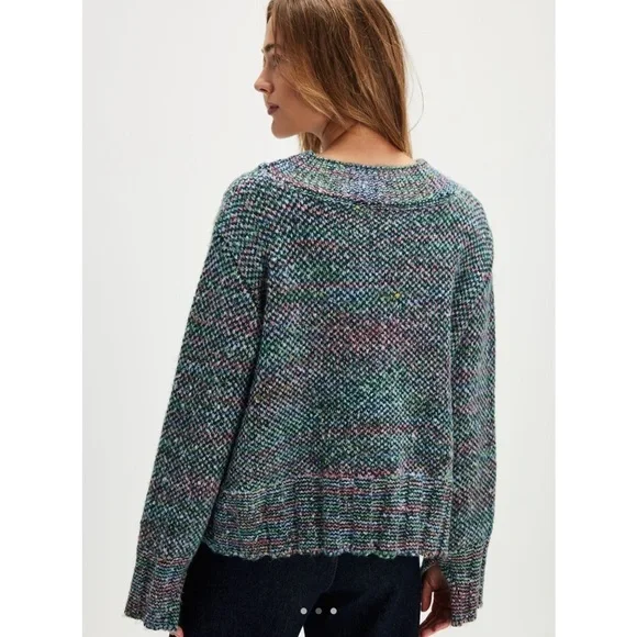 Free People Cotton Candy Pullover Blue Green Crew Neck Sweater Relaxed Fit Large - Picture 2 of 5